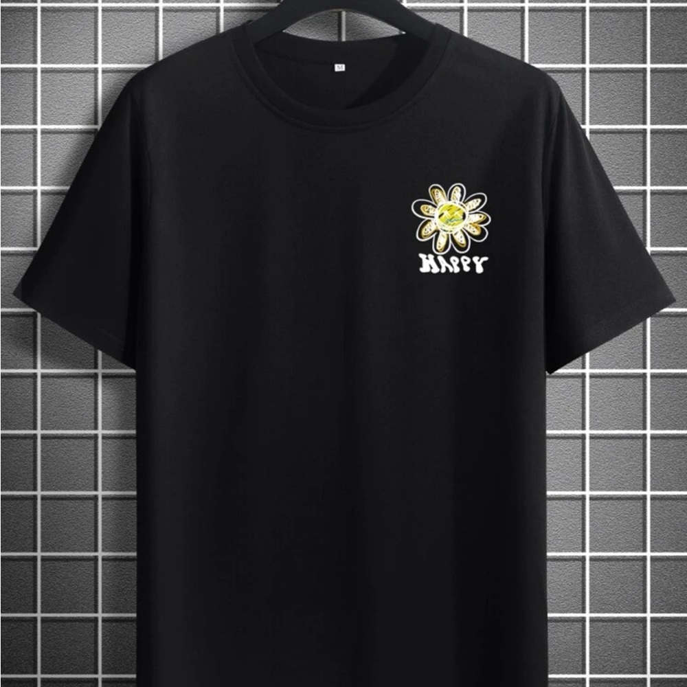 Black tee shirt flower and sun designs